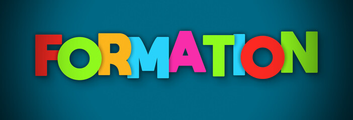 Formation - overlapping multicolor letters written on blue background