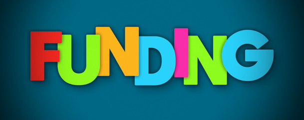 Funding - overlapping multicolor letters written on blue background