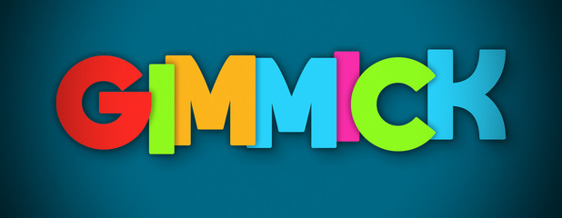 Gimmick - overlapping multicolor letters written on blue background