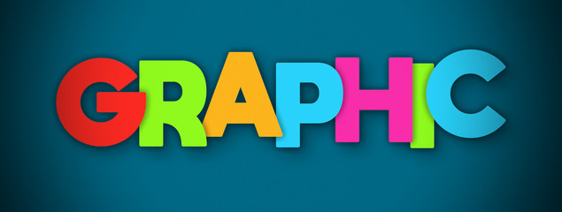 Graphic - overlapping multicolor letters written on blue background