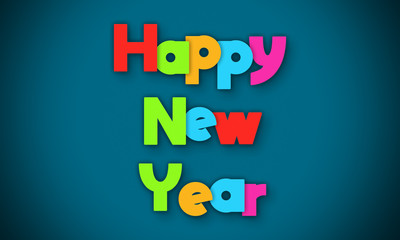 Happy New Year - overlapping multicolor letters written on blue background