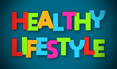 Healthy Lifestyle - overlapping multicolor letters written on blue background