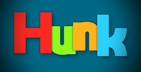 Hunk - overlapping multicolor letters written on blue background