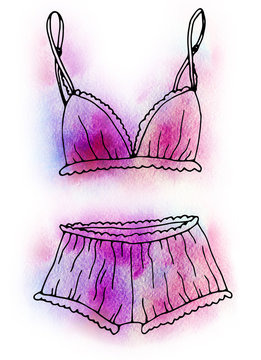 Cute pink lingerie with frills. Panties shorts and bra in line art style on watercolor texture. Ink black sketch on background in purple colors. Hand drawn illustration.