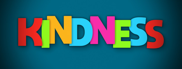 Kindness - overlapping multicolor letters written on blue background