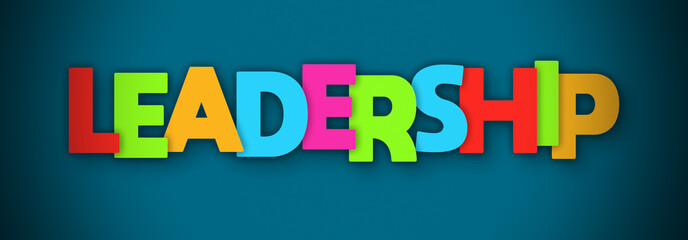 Leadership - overlapping multicolor letters written on blue background