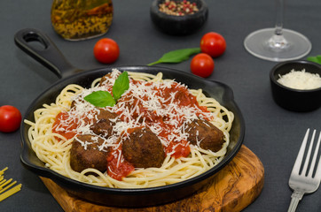 Pasta with meatballs. Spaghetti with tomato sauce and meatballs 