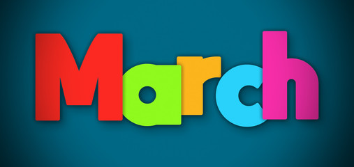 March - overlapping multicolor letters written on blue background