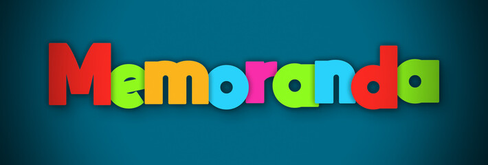 Memoranda - overlapping multicolor letters written on blue background