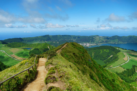 Panoramic landscape from Azores lagoons. The Azores archipelago has volcanic origin and the island of Sao Miguel has many lakes fand is the best travel destination of Portugal.