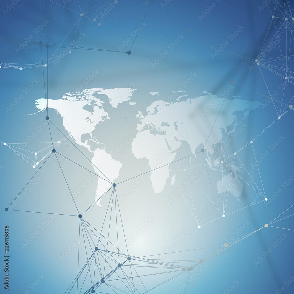 Poster abstract futuristic background with connecting lines and dots, polygonal linear texture. world map o