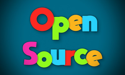 Open Source - overlapping multicolor letters written on blue background