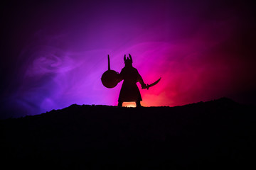 Fighter with a sword silhouette a sky. Medieval knight with sword. Selective focus