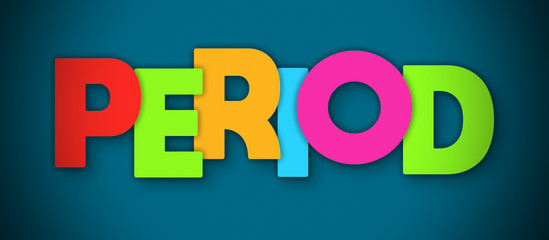 Period - overlapping multicolor letters written on blue background