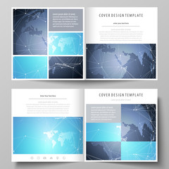 The minimalistic vector illustration of the editable layout of two covers templates for square design brochure, flyer, booklet. Abstract global design. Chemistry pattern, molecule structure.