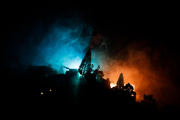 War Concept. Military silhouettes fighting scene on war fog sky background, World War Soldiers...