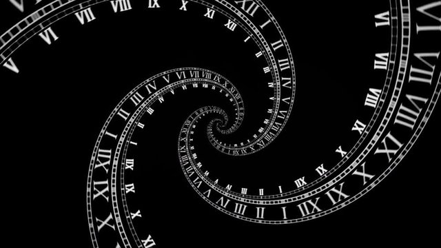 Rotating spiral watches from Roman numerals on a black background
