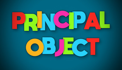 Principal Object - overlapping multicolor letters written on blue background