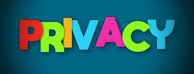 Privacy - overlapping multicolor letters written on blue background