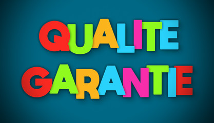 Qualite Garantie - overlapping multicolor letters written on blue background