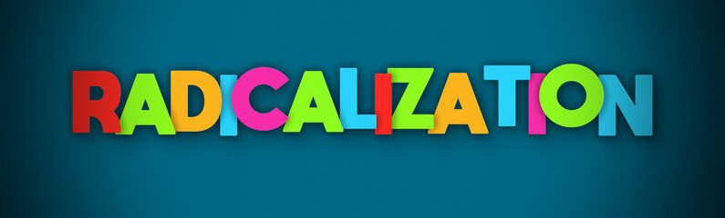 Radicalization - overlapping multicolor letters written on blue background