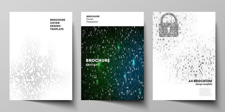 Vector layout of A4 format cover mockups design templates for brochure, magazine, flyer, booklet, report. Binary code background. AI, big data, coding or hacker concept, digital technology background
