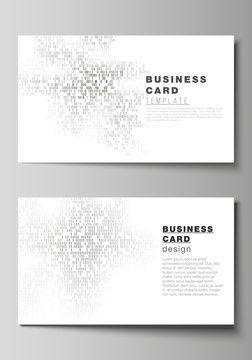 The minimalistic abstract vector layout of two creative business cards design templates. Binary code background. AI, big data, coding or hacker concept, digital technology background.