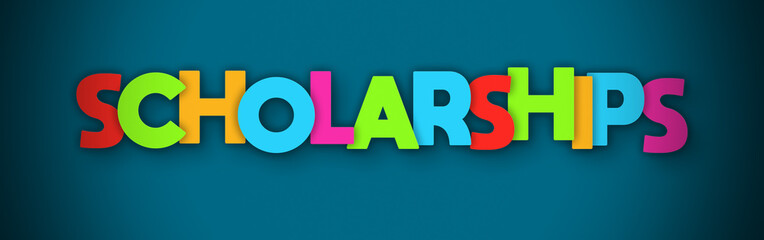 Scholarships - overlapping multicolor letters written on blue background