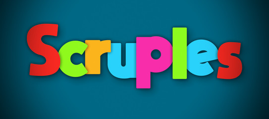 Scruples - overlapping multicolor letters written on blue background
