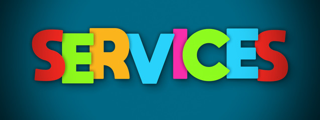 Services - overlapping multicolor letters written on blue background