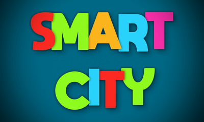 Smart City - overlapping multicolor letters written on blue background
