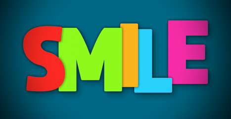 Smile - overlapping multicolor letters written on blue background