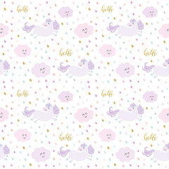 Cute unicorn pattern background with cartoon clouds and rain drops. Pastel purple and glitter. For print and web.