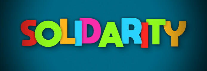 Solidarity - overlapping multicolor letters written on blue background