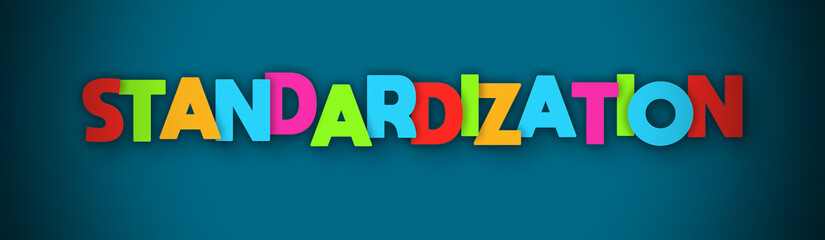 Standardization - overlapping multicolor letters written on blue background