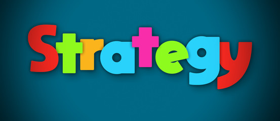 Strategy - overlapping multicolor letters written on blue background
