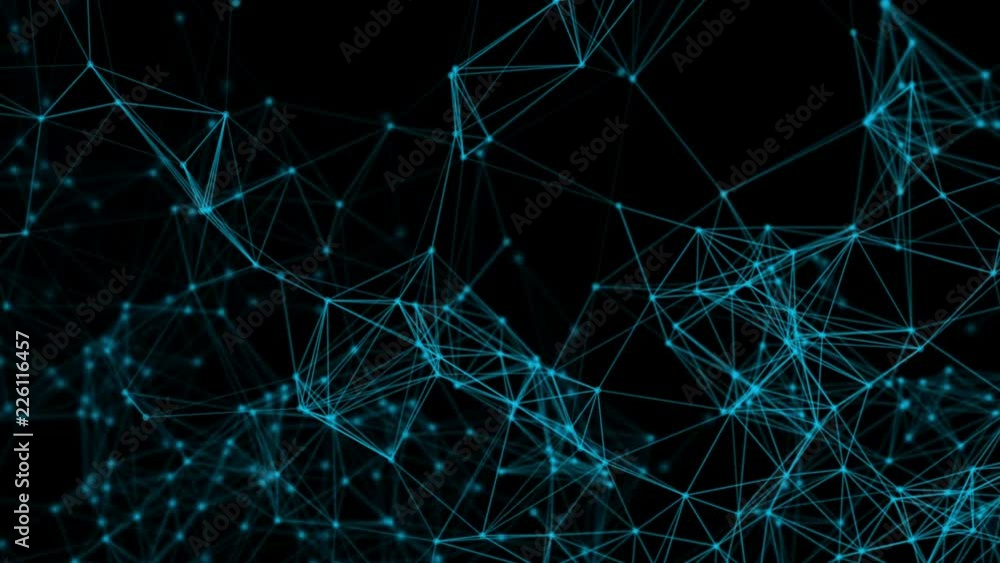 Poster blue digital data and network connection triangle lines for technology concept on black background, 