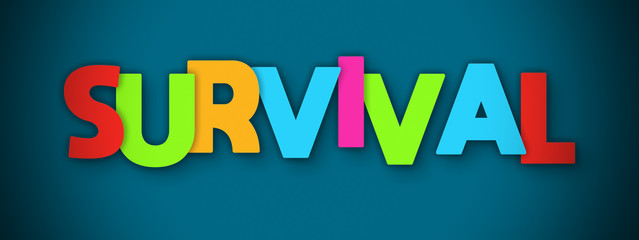 Survival - overlapping multicolor letters written on blue background