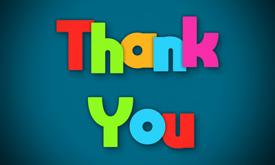 Thank You! - overlapping multicolor letters written on blue background