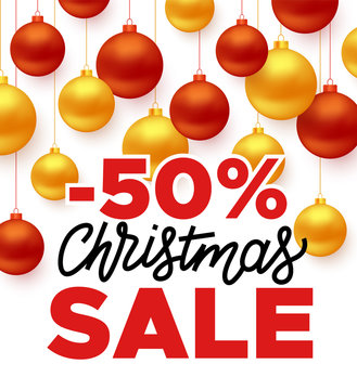 Christmas Sale Vector Background. Promotion Banner For End Of Year Clearance, Decorated With Color Gold And Red Christmas Balls. Vector Illustration