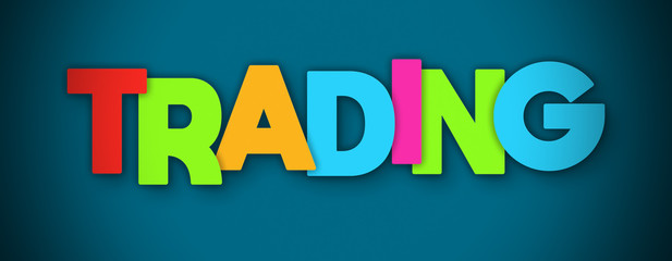 Trading - overlapping multicolor letters written on blue background