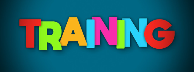 Training - overlapping multicolor letters written on blue background