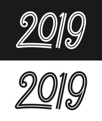 Happy New Year 2019 greeting card template. Calligraphic number with smooth contour isolated on black and white backgrounds. Vector illustration.