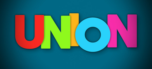 Union - overlapping multicolor letters written on blue background