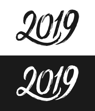 Happy New Year 2019 greeting card template. Handwritten calligraphy number isolated on black and white backgrounds. Vector illustration for chinese year of the pig.