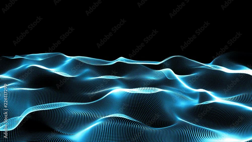 Poster abstract blue wavy lines. digital data and network connection dots in technology concept on black ba