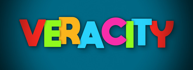 Veracity - overlapping multicolor letters written on blue background