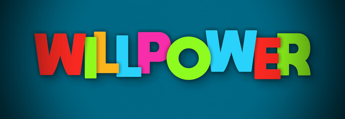 Willpower - overlapping multicolor letters written on blue background