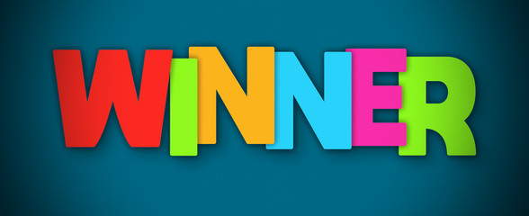 Winner - overlapping multicolor letters written on blue background