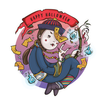 Vector Illustration of Jiangshi Chinese Hopping Vampire Ghost Holding Red Flag and Soul Lantern for Halloween on  White Background, Cute  Cartoon Character